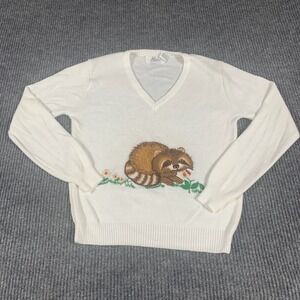 VTG Alicia Sweater Womens Small White Racoon Embroidered Nature Acrylic Retro